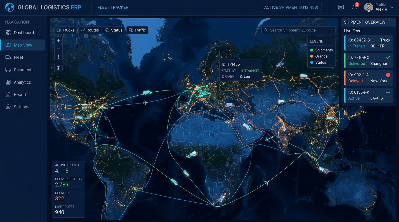 Global Logistics Fleet GPS Map Telemetry & Active Route Tracking